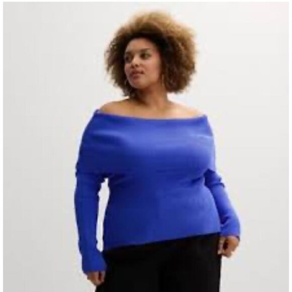 Plus Size 3X INTEMPO Off-the-Shoulder Long Sleeve Top Royal Blue NWT - Picture 1 of 2
